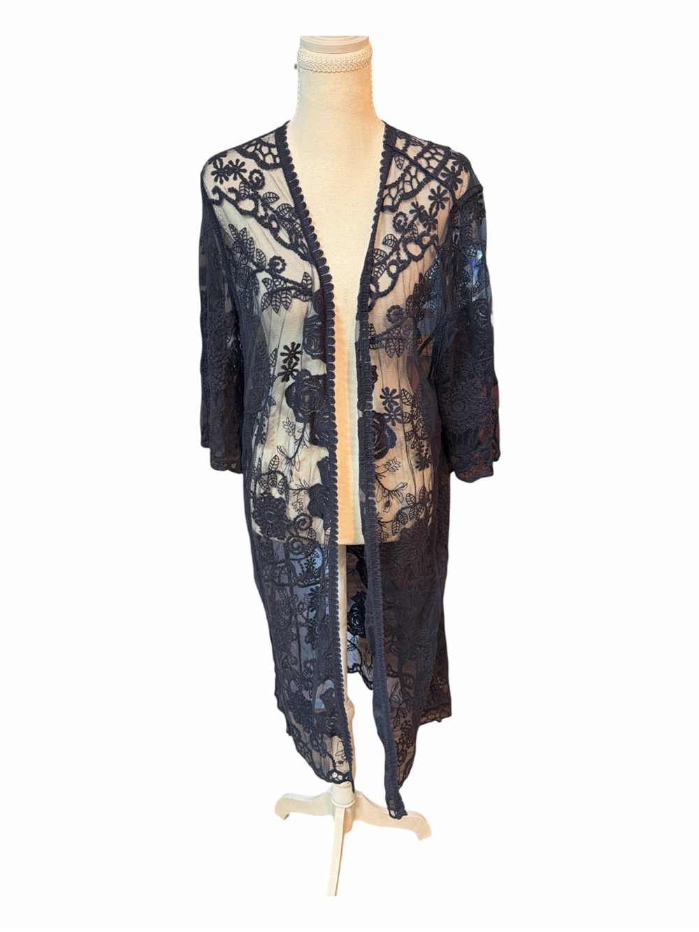 Boho Festival Navy Floral Lace Duster Kimono Shyanne Sheer Open Front